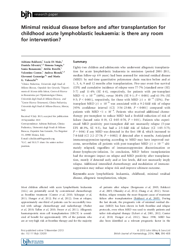 (PDF) Minimal residual disease before and after transplantation for ...