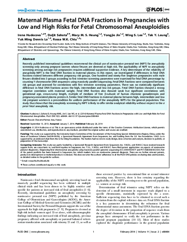 (PDF) Maternal plasma fetal DNA fractions in pregnancies with low and ...