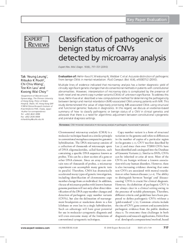 (PDF) Classification of pathogenic or benign status of CNVs detected by ...