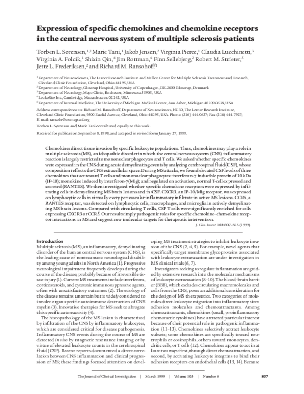 (PDF) Expression of specific chemokines and chemokine receptors in the ...