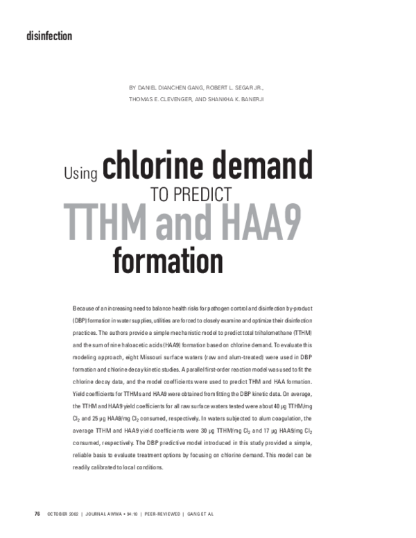 (PDF) Using Chlorine Demand to Predict TTHM and HAA9 Formation (PDF