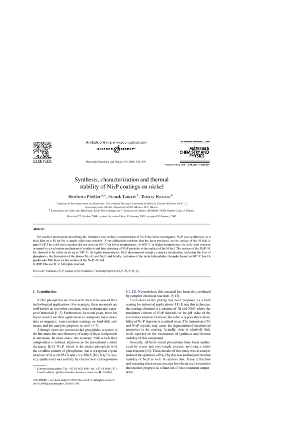(PDF) Synthesis, characterization and thermal stability of Ni3P ...