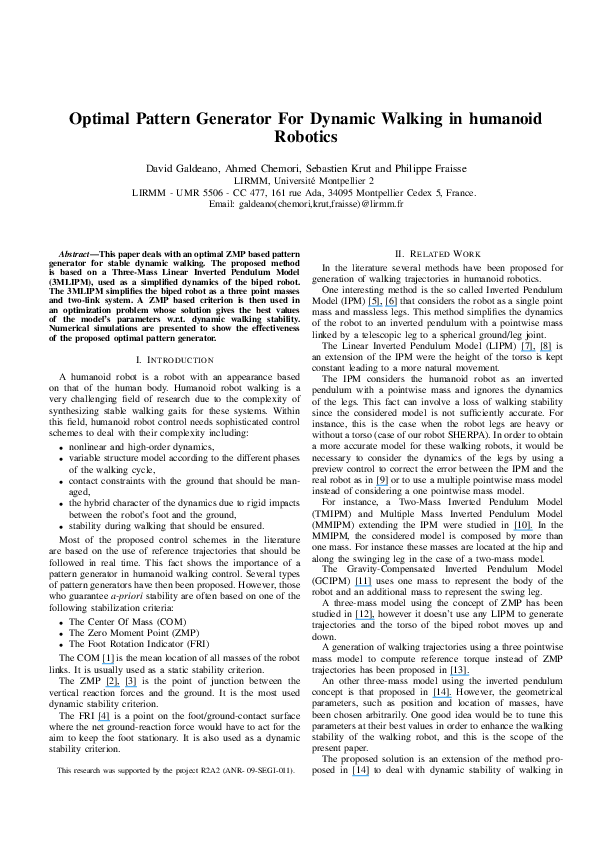 (PDF) Optimal pattern generator for dynamic walking in humanoid robotics