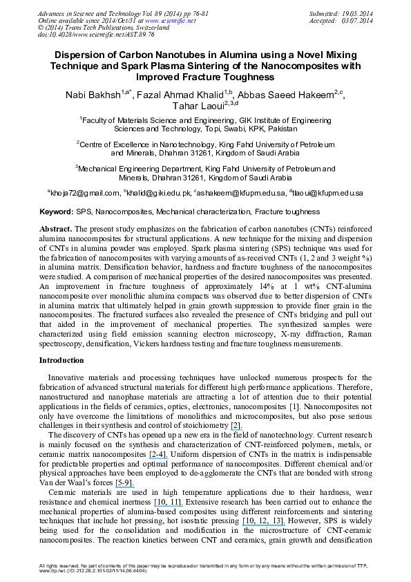 (PDF) Dispersion of Carbon Nanotubes in Alumina Using a Novel Mixing ...