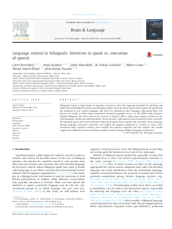 (PDF) Language control in bilinguals: Intention to speak vs. execution ...