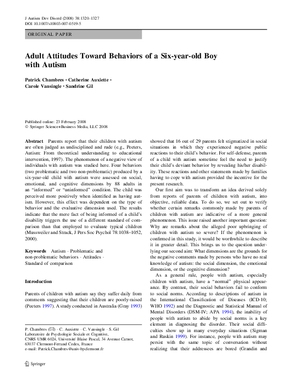 (PDF) Adult Attitudes Toward Behaviors of a Sixyearold Boy with