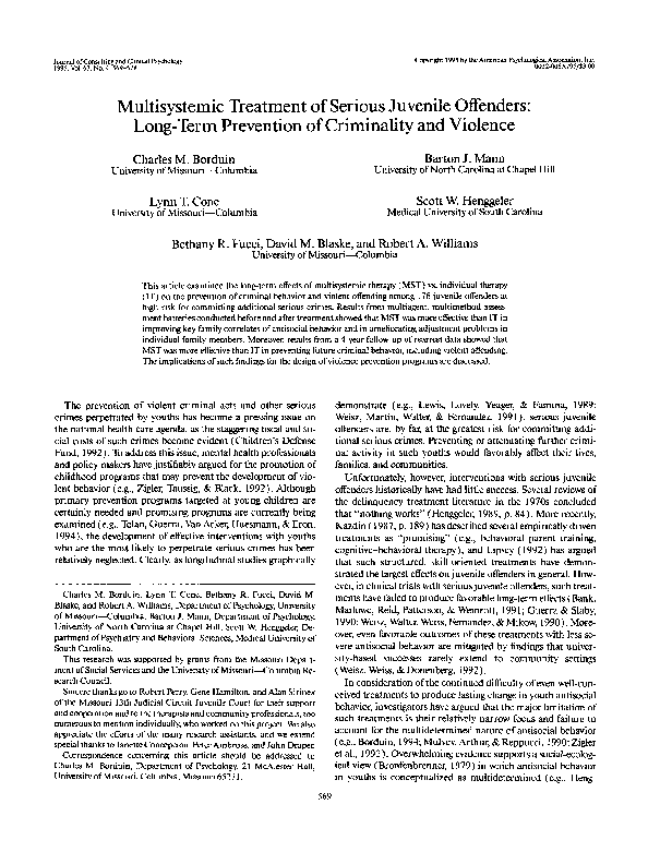 (PDF) Multisystemic treatment of serious juvenile offenders Longterm
