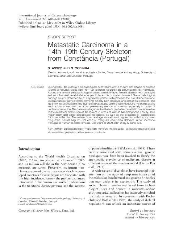 Metastatic carcinoma in a 14th-19th century skeleton from Constância (Portugal)