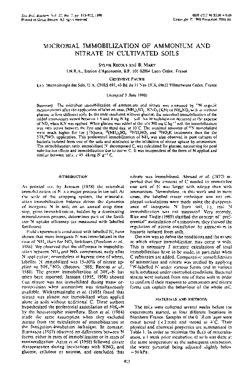 (PDF) Microbial immobilization of ammonium and nitrate in cultivated soils