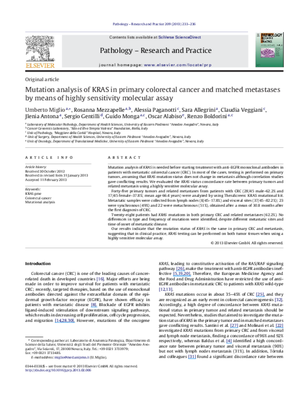 (PDF) Mutation analysis of KRAS in primary colorectal cancer and ...