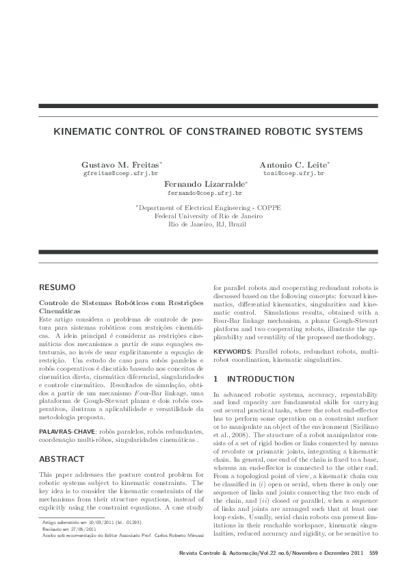(PDF) Kinematic control of constrained robotic systems Fernando