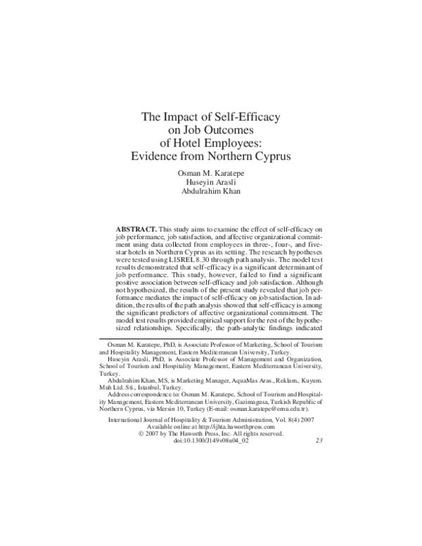 (PDF) The Impact of Self-Efficacy on Job Outcomes of Hotel Employees