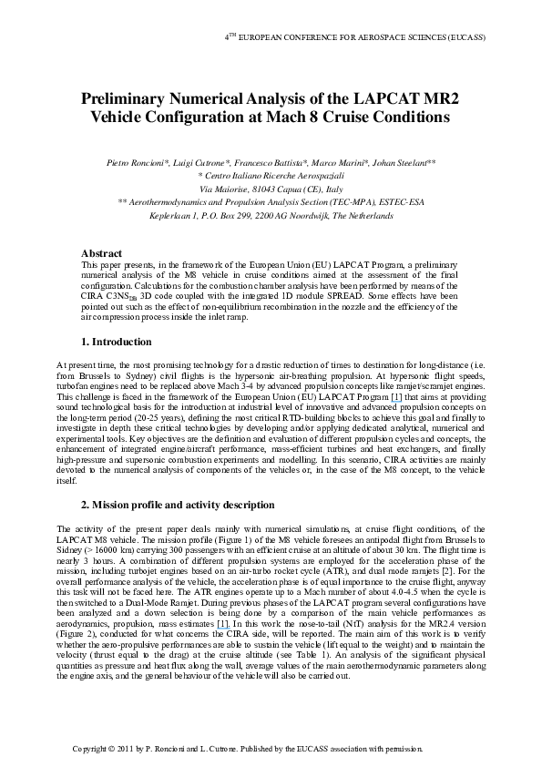 (PDF) Preliminary Numerical Analysis of the LAPCAT MR2 Vehicle ...
