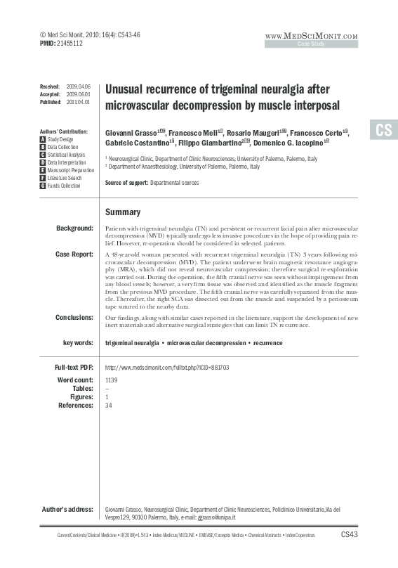 (PDF) Unusual recurrence of trigeminal neuralgia after microvascular ...
