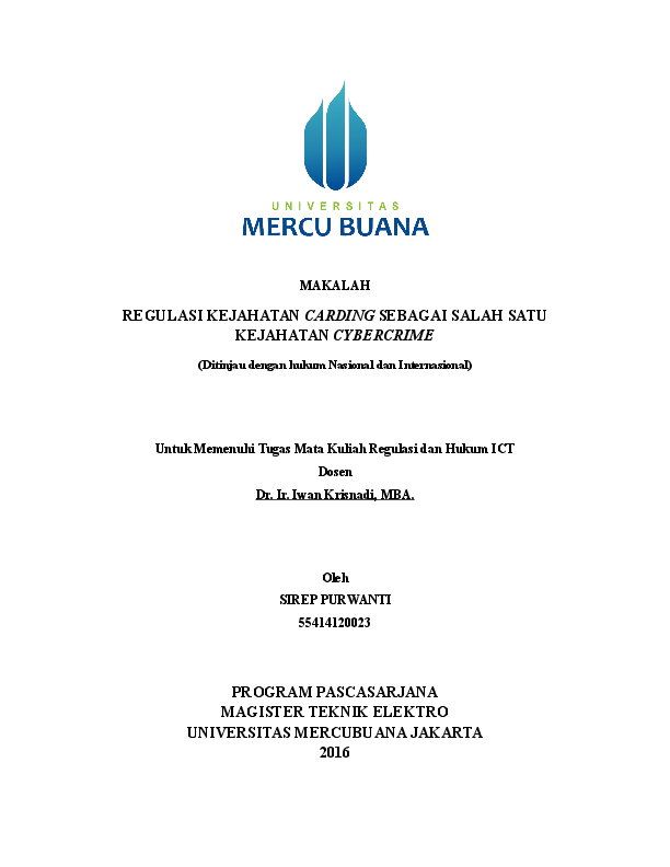 Doc Regulasi Kejahatan Carding Sebagai Salah Satu Kejahatan Cybercrime Iwan Krisnadi Academia Edu