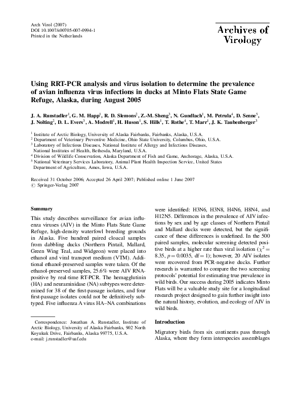 (PDF) Using RRTPCR analysis and virus isolation to determine the prevalence of avian influenza