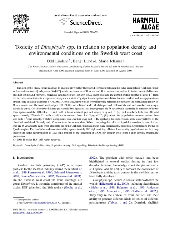 Pdf Toxicity Of Dinophysis Spp In Relation To Population Density