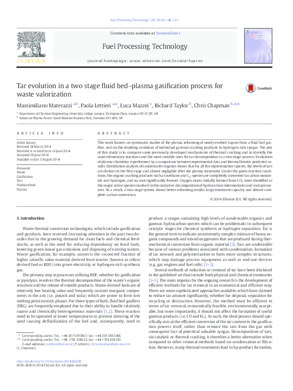 (PDF) Tar evolution in a two stage fluid bed–plasma gasification ...