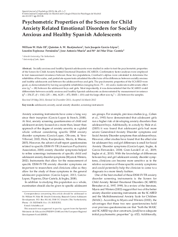 (PDF) Psychometric Properties of the Screen for Child Anxiety Related ...