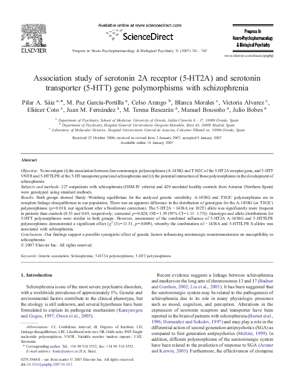 (PDF) Association study of serotonin 2A receptor (5-HT2A) and serotonin ...
