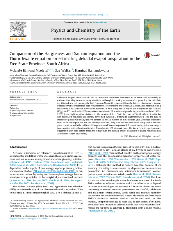(PDF) Comparison of the Hargreaves and Samani equation and the