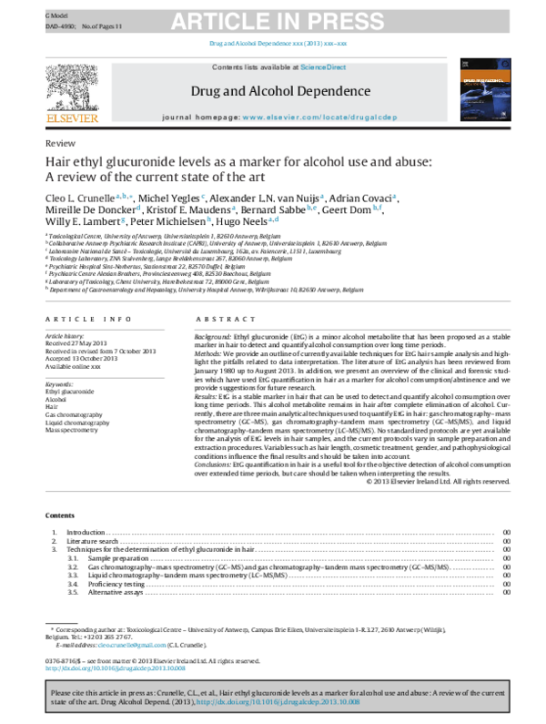 (PDF) Hair ethyl glucuronide levels as a marker for alcohol use and