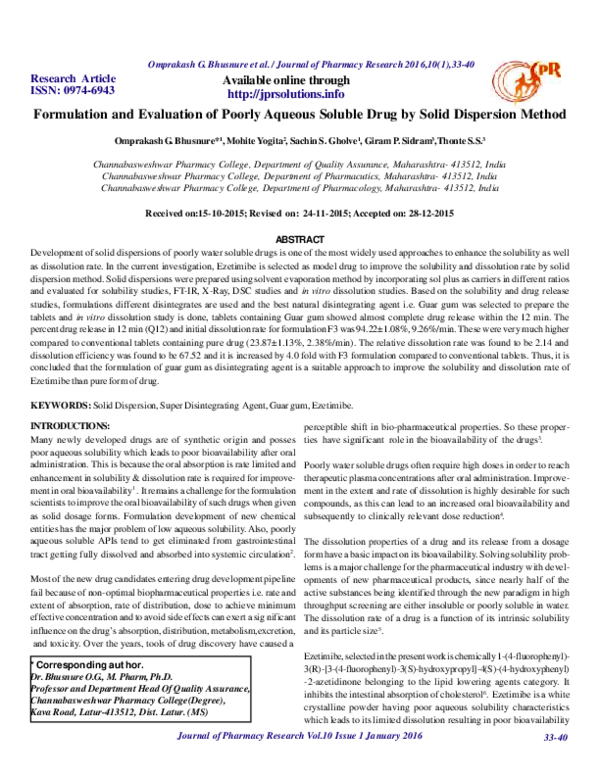 (PDF) Formulation and Evaluation of Poorly Aqueous Soluble Drug by ...