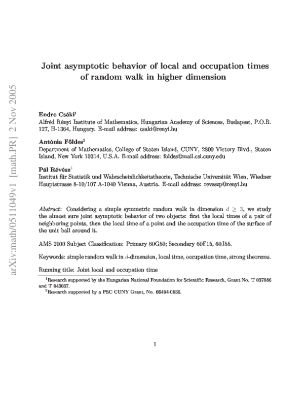 Pdf Joint Asymptotic Behavior Of Local And Occupation Times Of Random Walk In Higher Dimension Antonia Foldes Academia Edu