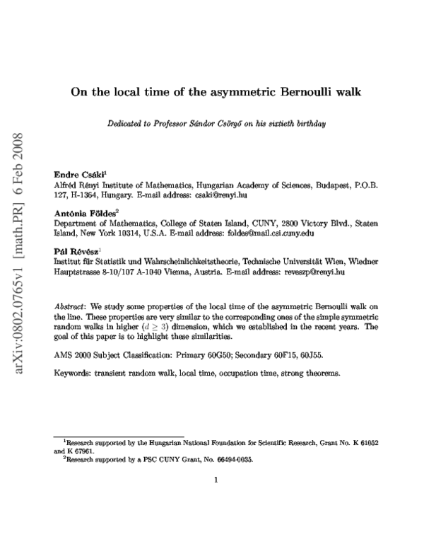 (PDF) On the local time of the asymmetric Bernoulli walk