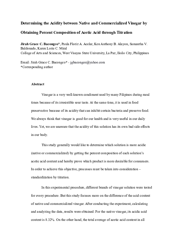 (DOC) Determining the Acidity between Native and Commercialized Vinegar