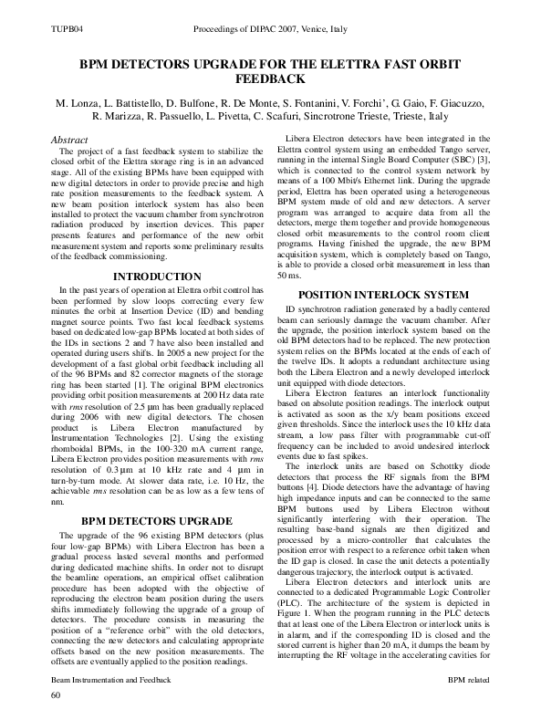 (PDF) BPM DETECTORS UPGRADE FOR THE ELETTRA FAST ORBIT FEEDBACK