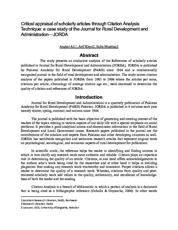 Pdf Critical Appraisal Of Scholarly Articles Through Citation Analysis Technique A Case Study Of The Journal For Rural Development And Administration Jorda Asghar Ali Academia Edu