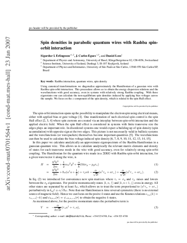 (PDF) Spin densities in parabolic quantum wires with Rashba spin-orbit ...
