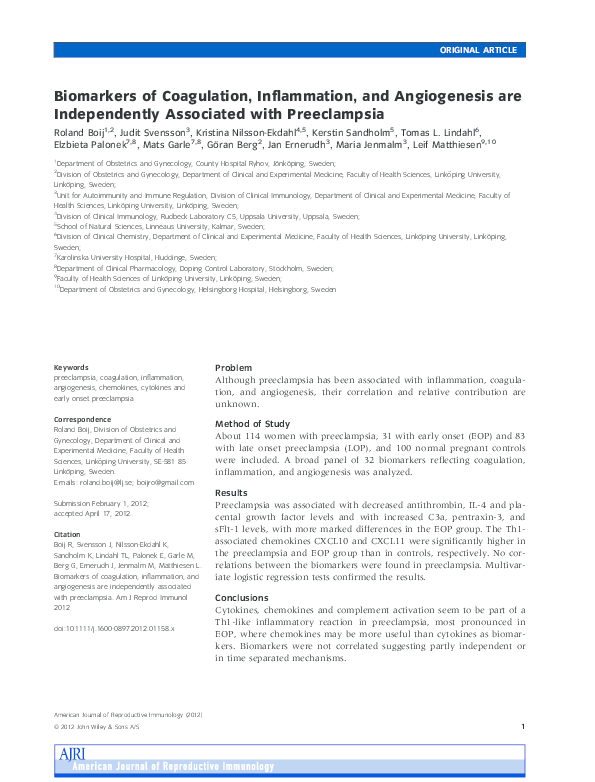 (PDF) Biomarkers of Coagulation, Inflammation, and Angiogenesis are ...