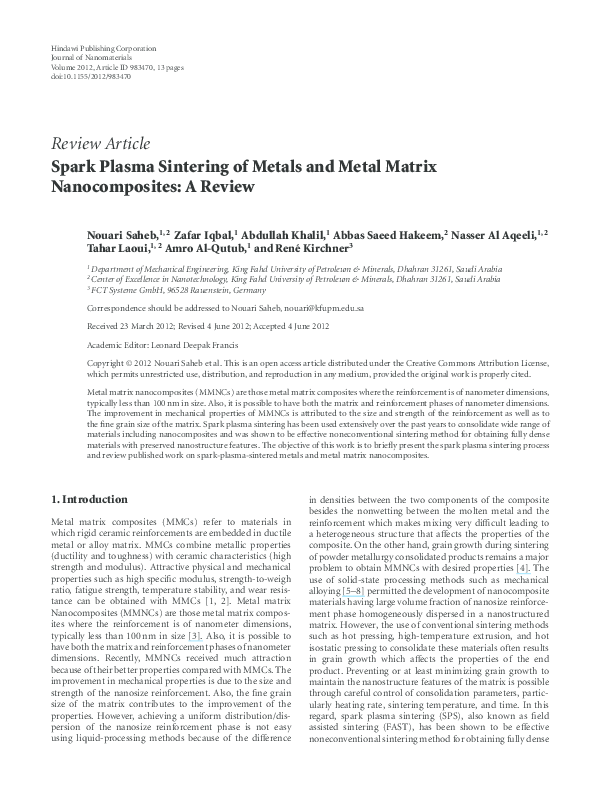 (PDF) Spark Plasma Sintering of Metals and Metal Matrix Nanocomposites ...
