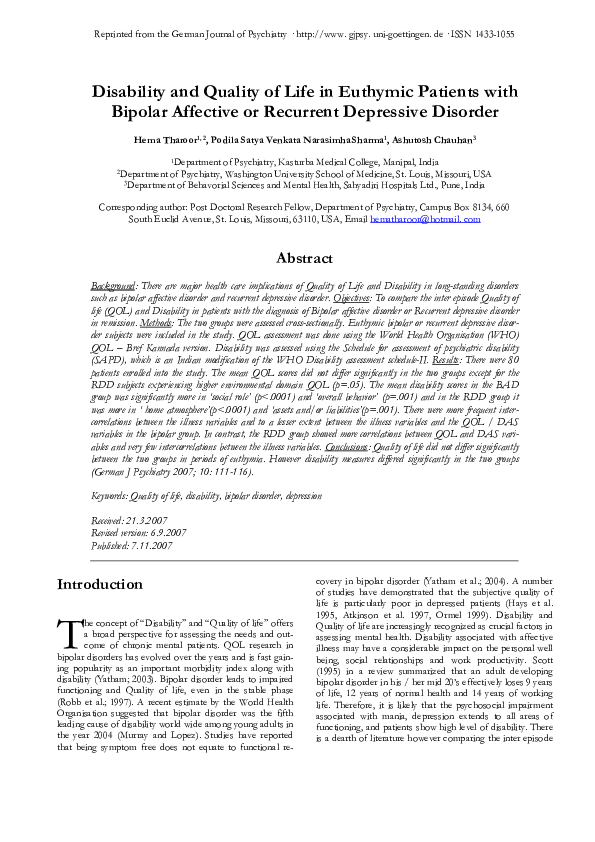 (PDF) Disability and Quality of Life in Euthymic Patients with Bipolar ...