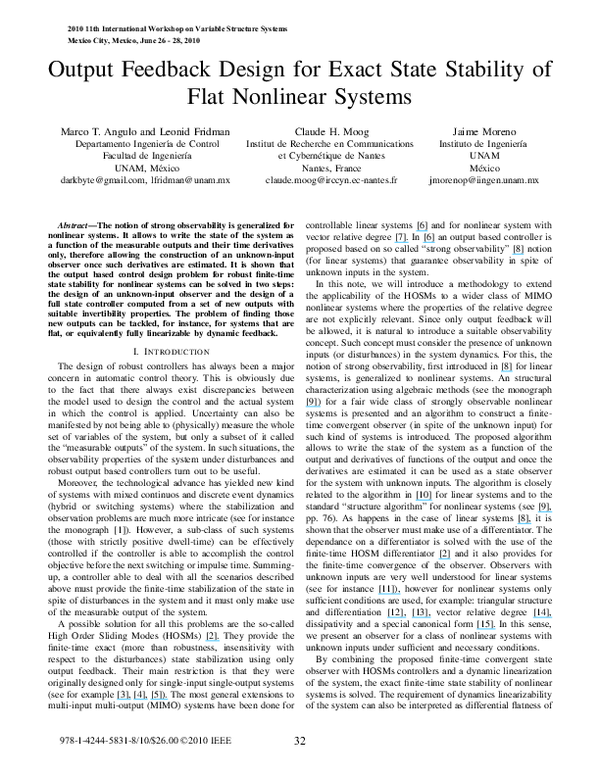 (PDF) Output feedback design for exact state stability of flat ...