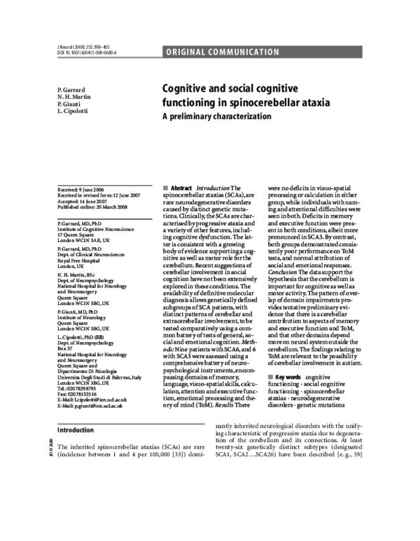 (PDF) Cognitive and social cognitive functioning in spinocerebellar ataxia