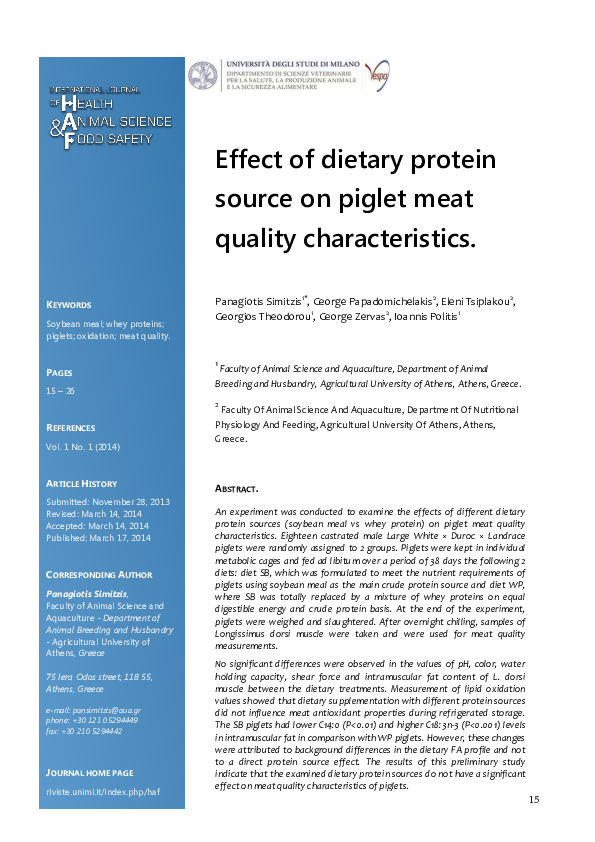 (PDF) Effect of dietary protein source on piglet meat quality