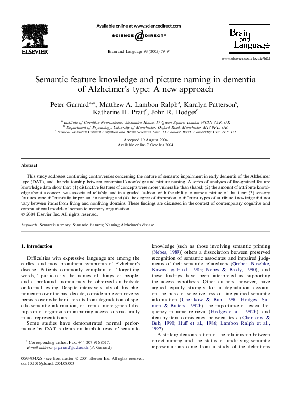 (PDF) Semantic feature knowledge and picture naming in dementia of ...