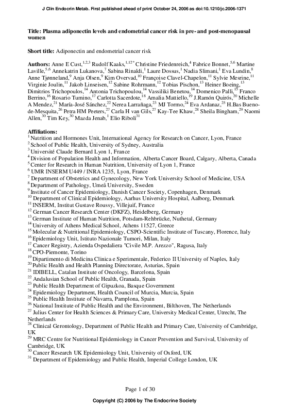 (PDF) Plasma Adiponectin Levels and Endometrial Cancer Risk in Pre- and ...