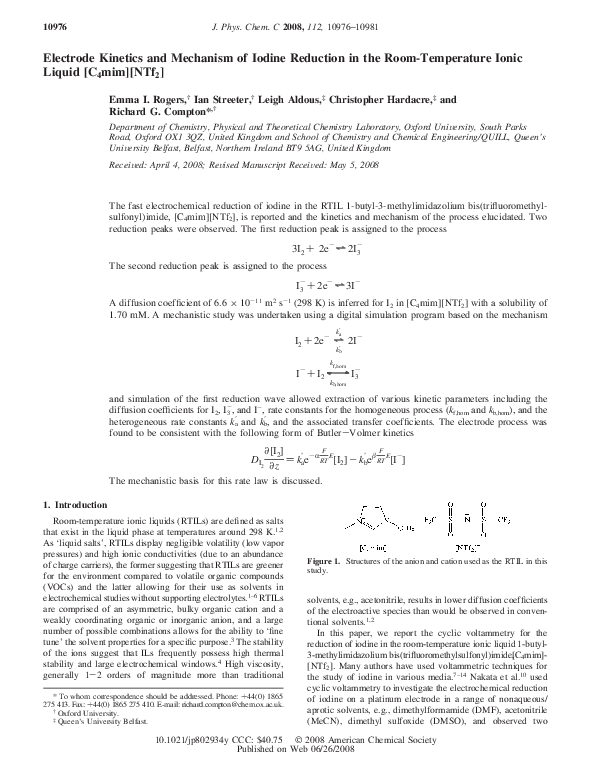 (PDF) Electrode and Mechanism of Iodine Reduction in the RoomTemperature Ionic Liquid