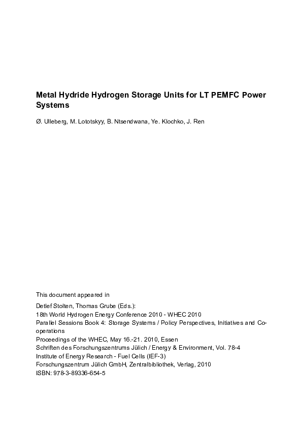 Pdf Metal Hydride Hydrogen Storage Units For Lt Pemfc Power Systems Oystein Ulleberg And Bulelwa Ntsendwana Academia Edu