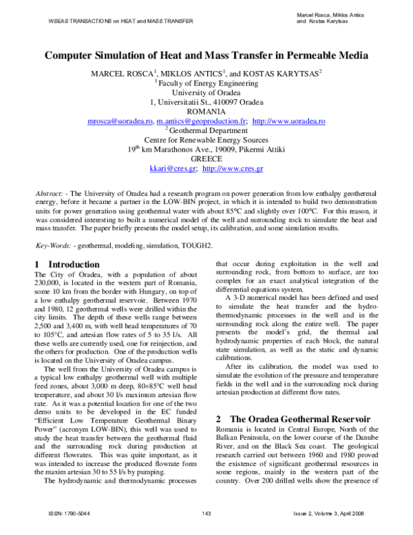 (PDF) Computer Simulation of Heat and Mass Transfer in Permeable Media