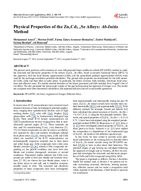 (PDF) Physical Properties of the Zn x Cd 1-x Se Alloys: Ab-Initio Method