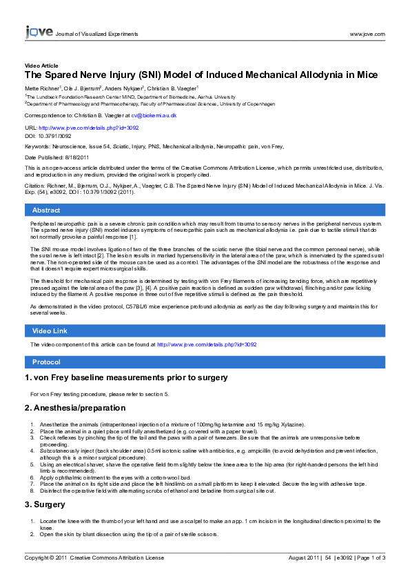 (PDF) The spared nerve injury (SNI) model of induced mechanical ...