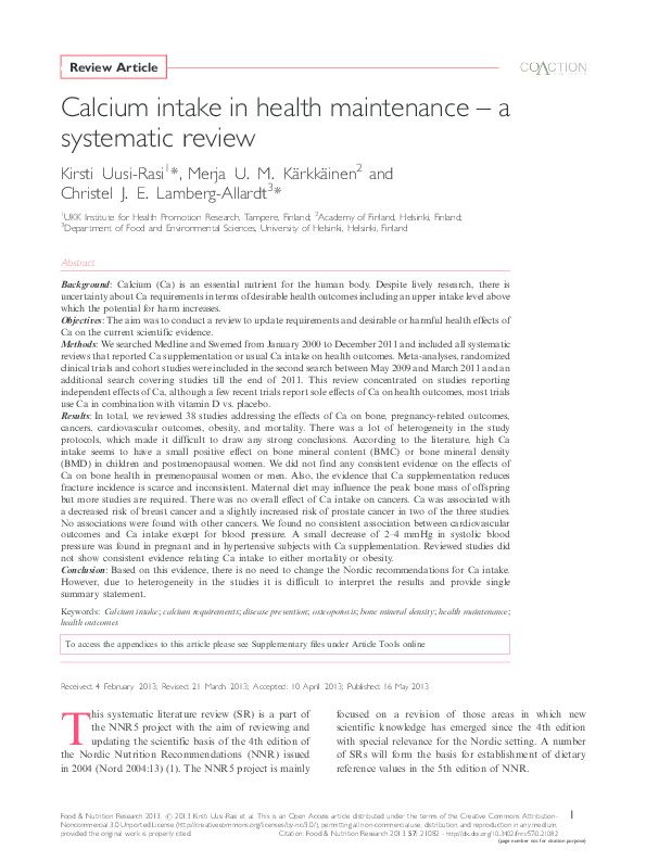 (PDF) Calcium intake in health maintenance – a systematic review