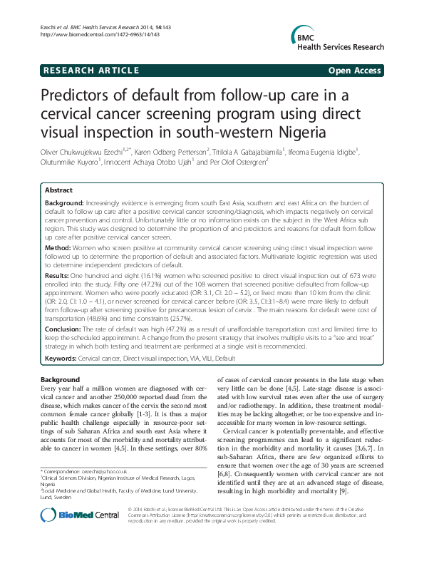 (PDF) Predictors of default from follow-up care in a cervical cancer ...