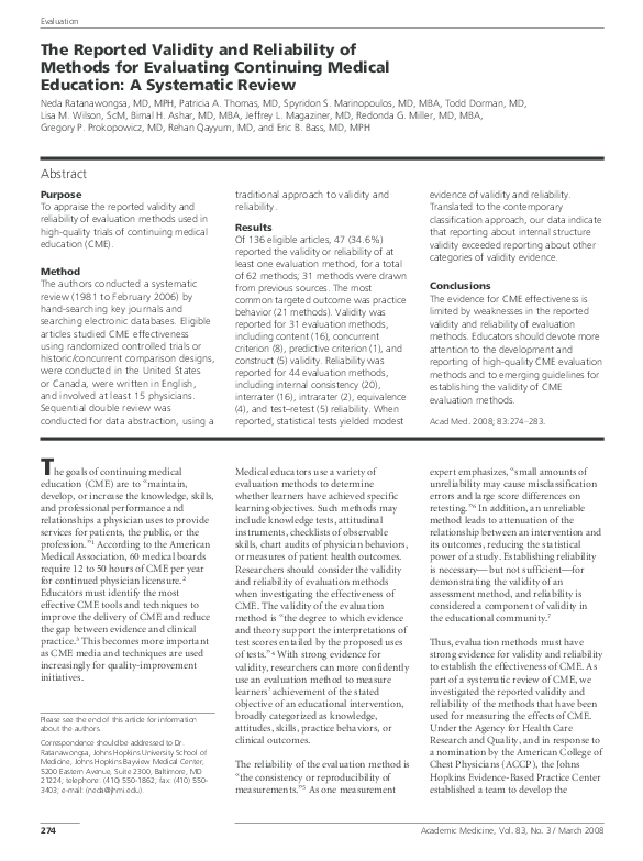 (PDF) The Reported Validity and Reliability of Methods for Evaluating ...