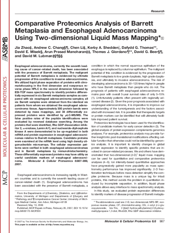 (PDF) Comparative Proteomics Analysis of Barrett Metaplasia and ...